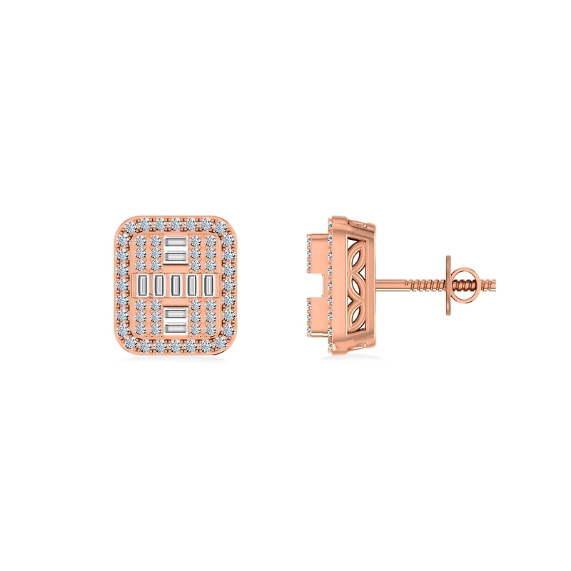 10K Rose Gold Round Baguette Diamond Square Shape Designer Mens Stud Earring 3/8 Cttw