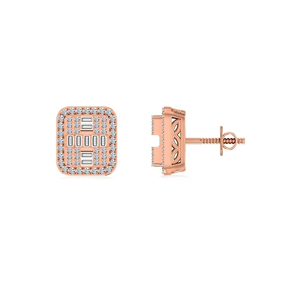 10K Rose Gold Round Baguette Diamond Square Shape Designer Mens Stud Earring 3/8 Cttw