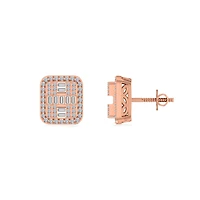 10K Rose Gold Round Baguette Diamond Square Shape Designer Mens Stud Earring 3/8 Cttw