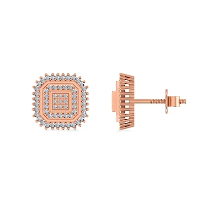 10K Rose Gold Round Diamond Square Shape Designer Mens Stud Earring 1/5 Cttw