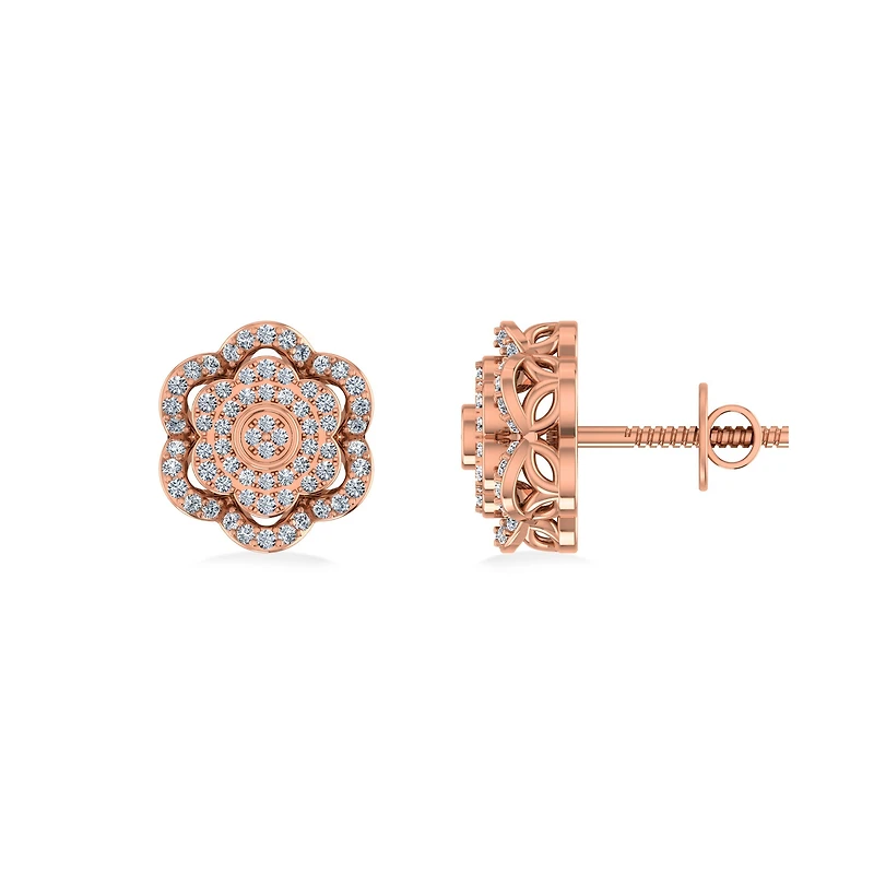 10K Rose Gold Round Diamond Floral Designer Mens Stud Earring 1/5 Cttw