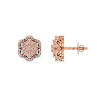 10K Rose Gold Round Diamond Floral Designer Mens Stud Earring 1/5 Cttw