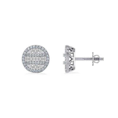 10K Gold Round Baguette Diamond Designer Mens Stud Earring 3/8 Cttw