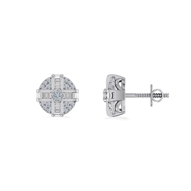 10K White Gold Round Diamond Designer Mens Stud Earring / Cttw