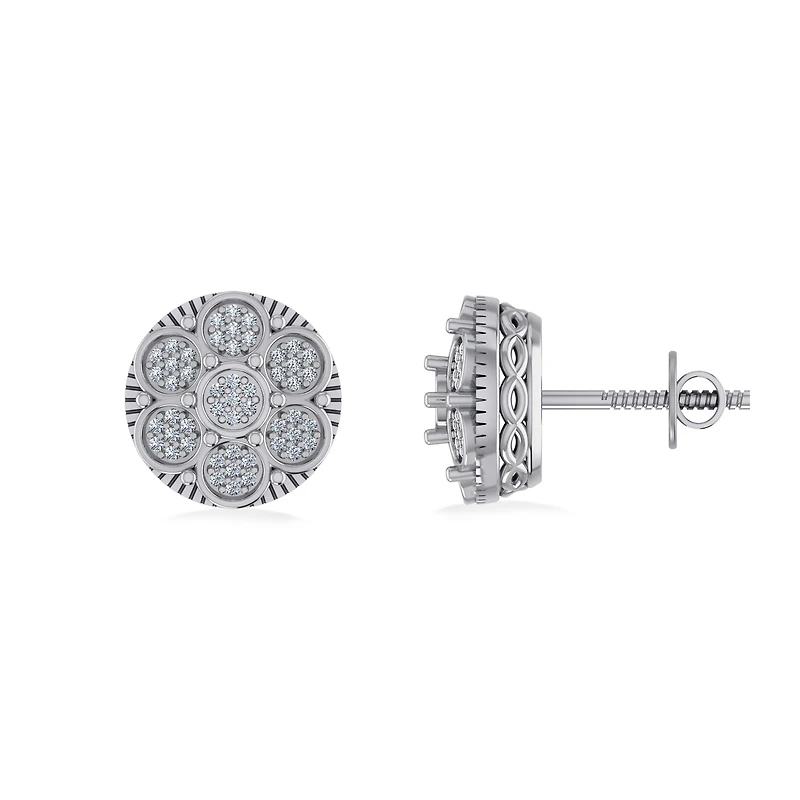 10K White Gold Round Diamond Flower Designer Mens Stud Earring 1/8 Cttw
