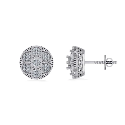 10K White Gold Round Diamond Flower Designer Mens Stud Earring 1/8 Cttw
