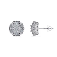 10K White Gold Round Diamond Flower Designer Mens Stud Earring 1/8 Cttw