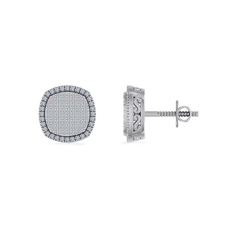 10K White Gold Round Diamond Designer Halo Mens Stud Earring 1/ Cttw