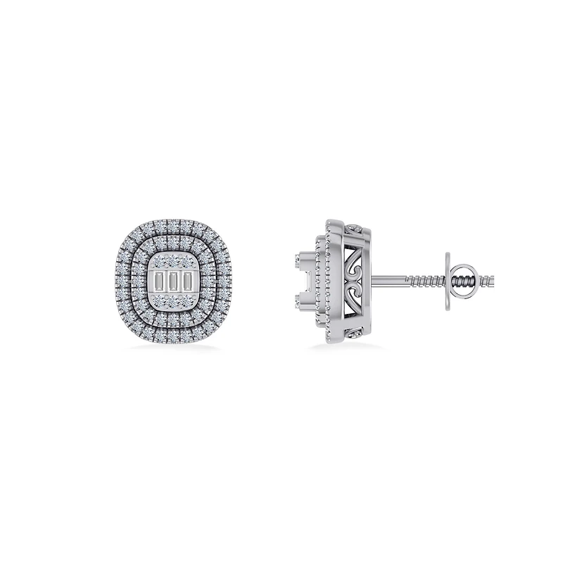 10K White Gold Round Baguette Diamond Square Shape Designer Double Halo Mens Stud Earring 1/4 Cttw