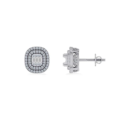 10K White Gold Round Baguette Diamond Square Shape Designer Double Halo Mens Stud Earring 1/4 Cttw
