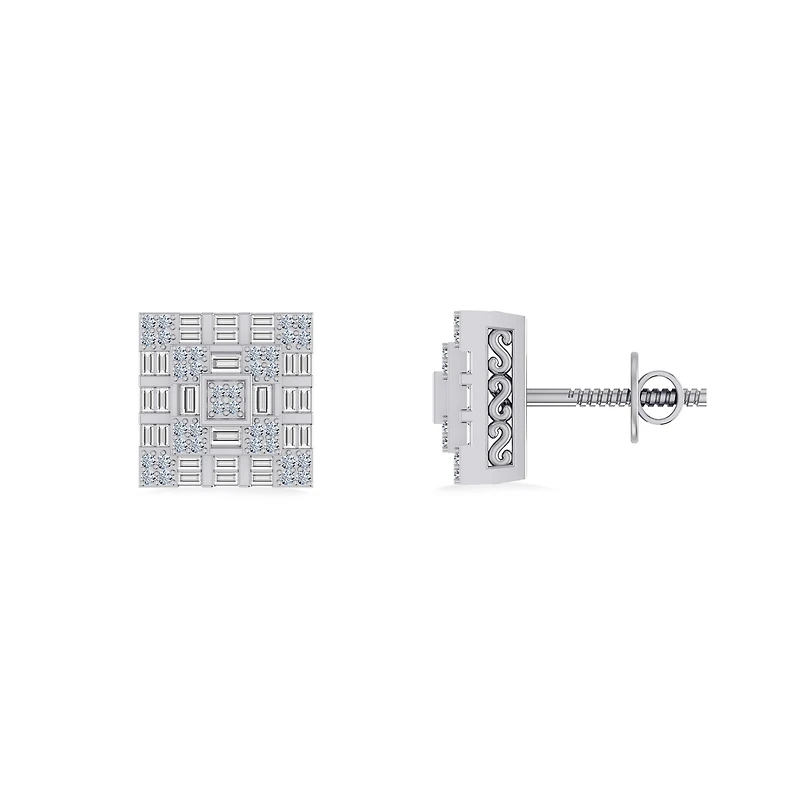 10K White Gold Round Baguette Diamond Square Shape Designer Mens Stud Earring 3/8 Cttw