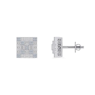 10K White Gold Round Baguette Diamond Square Shape Designer Mens Stud Earring 3/8 Cttw