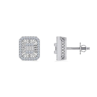 10K Gold Round Baguette Diamond Square Shape Designer Mens Stud Earring / Cttw