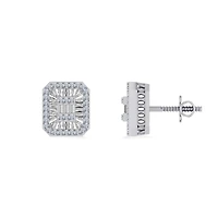 10K Gold Round Baguette Diamond Square Shape Designer Mens Stud Earring / Cttw