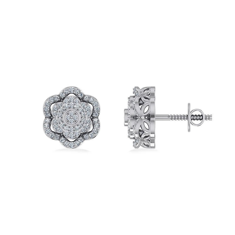 10K White Gold Round Diamond Floral Designer Mens Stud Earring 1/5 Cttw