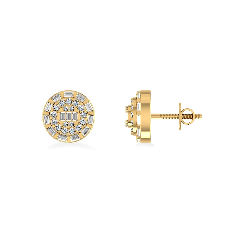 10K Yellow Gold Round Baguette Diamond Designer Earring 3/8 Cttw