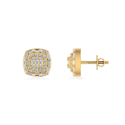 10K Yellow Gold Round Baguette Diamond Square Designer Earring 1/2 Cttw