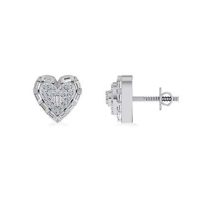 10K White Gold Round Baguette Diamond Heart Designer Earring 1/4 Cttw