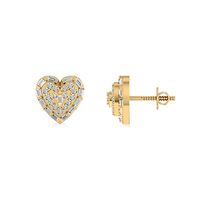 10K Yellow Gold Round Baguette Diamond Heart Designer Earring 3/8 Cttw