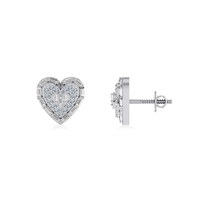 10K Gold Round Baguette Diamond Heart Designer Earring /8 Cttw