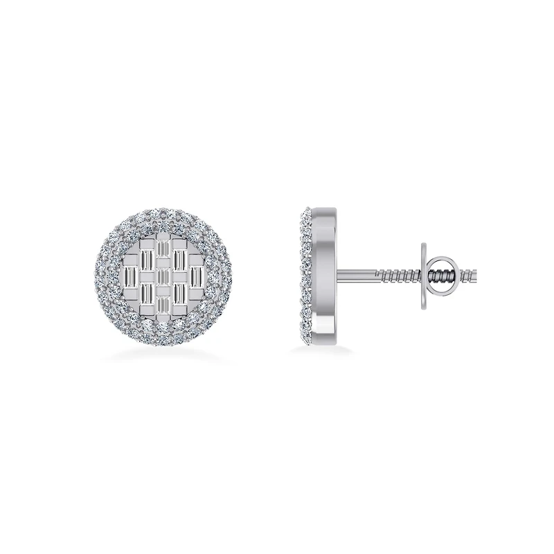 10K White Gold Round Baguette Diamond Halo Designer Earring 3/8 Cttw