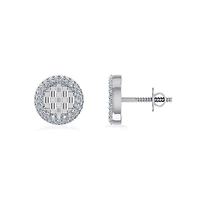 10K White Gold Round Baguette Diamond Halo Designer Earring 3/8 Cttw
