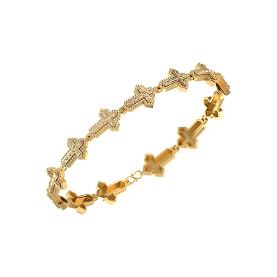 10K Yellow Gold Round Baguette Diamond Cross Religious 8 Inch Bracelet Cttw
