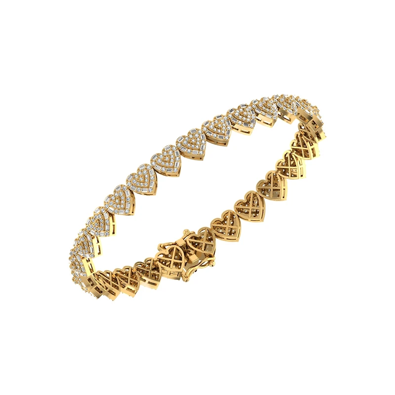10K Yellow Gold Round Diamond Heart Designer 7 Inch Bracelet 2-7/ Cttw