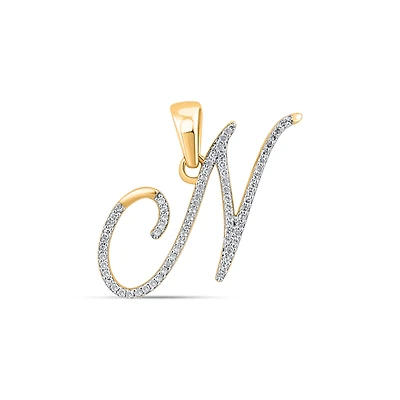 10K Yellow Gold Round Diamond N Letter Initial Pendant 1/8 Cttw