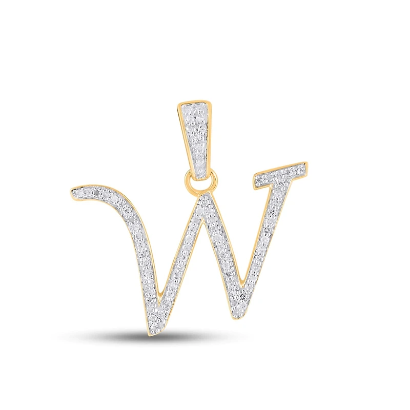 10K Yellow Gold Round Diamond W Letter Initial Pendant 1/10 Cttw