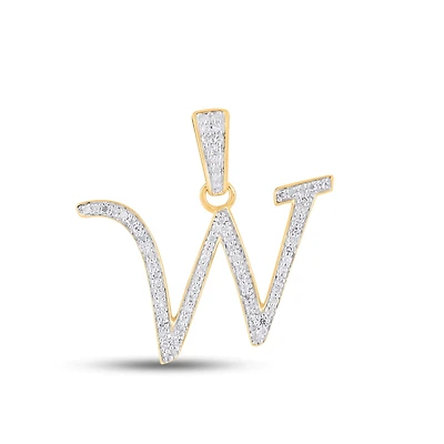 10K Yellow Gold Round Diamond W Letter Initial Pendant 1/10 Cttw