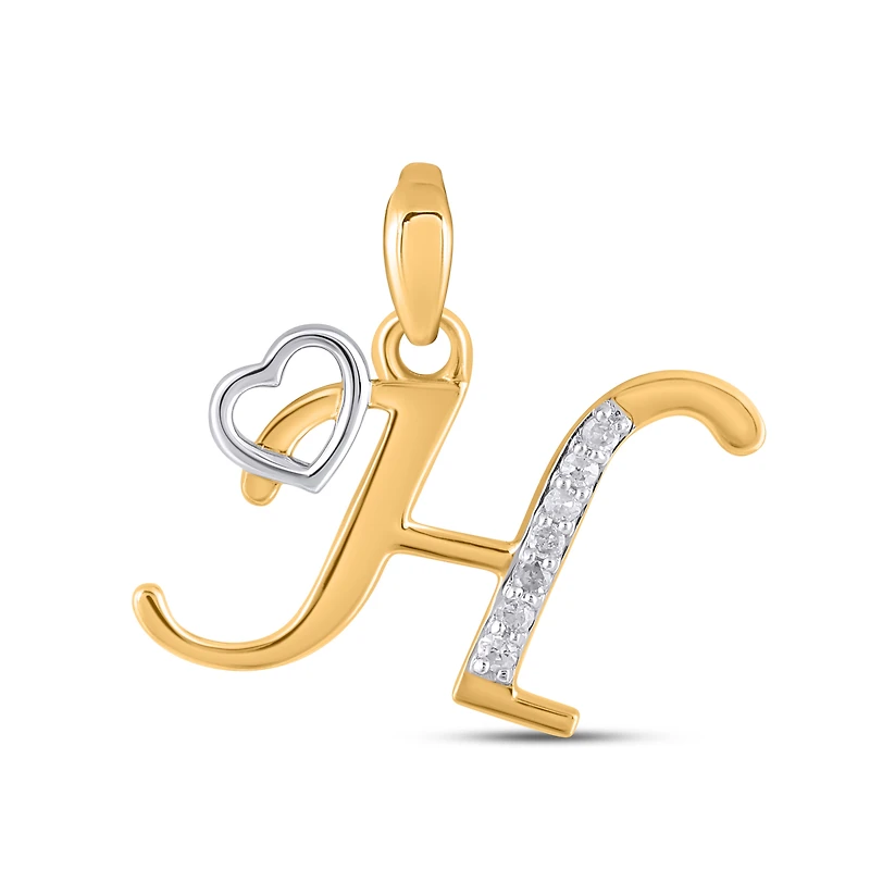 10K Yellow Gold Round Diamond H Letter Initial With Heart Pendant 1/10 Cttw