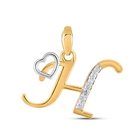 10K Yellow Gold Round Diamond H Letter Initial With Heart Pendant 1/10 Cttw