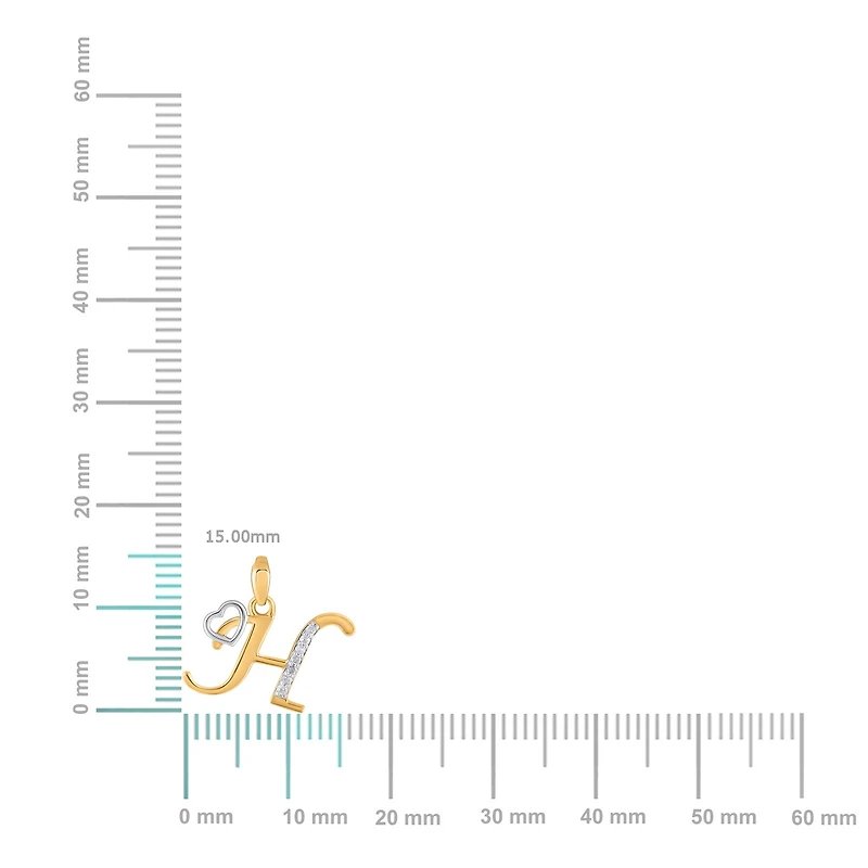 10K Yellow Gold Round Diamond H Letter Initial With Heart Pendant 1/10 Cttw