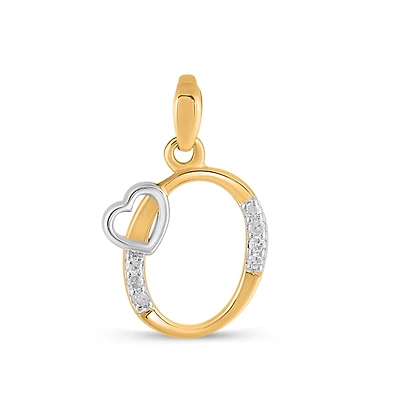 10K Yellow Gold Round Diamond O Letter Initial With Heart Pendant 1/10 Cttw