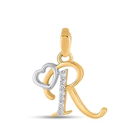 10K Yellow Gold Round Diamond R Letter Initial With Heart Pendant 1/10 Cttw