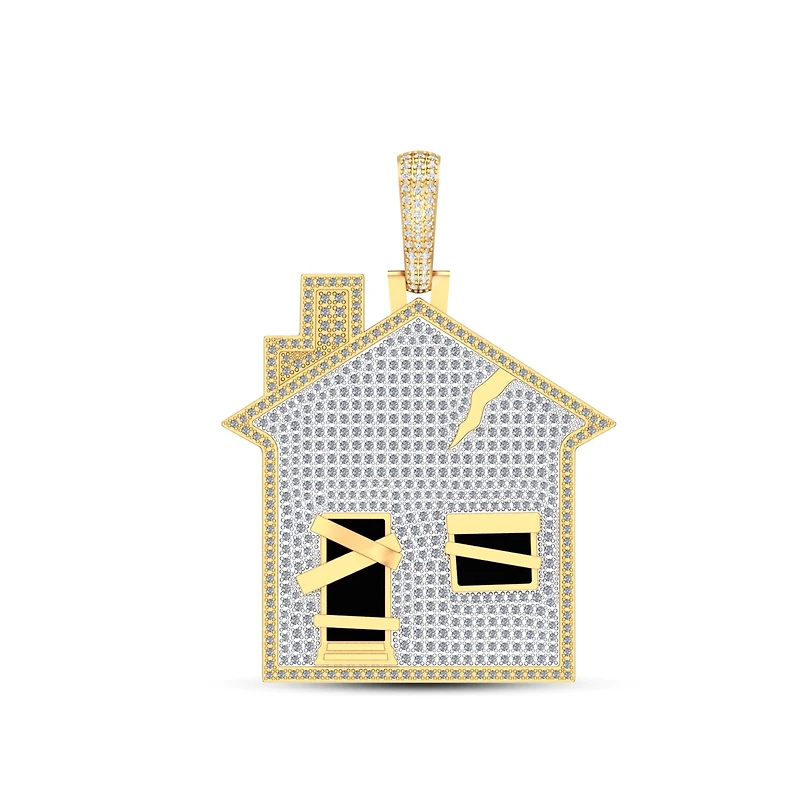 10K Yellow Gold Round Diamond House Designer Pendant 1-3/4 Cttw