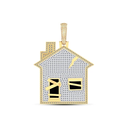 10K Yellow Gold Round Diamond House Designer Pendant 1-3/4 Cttw