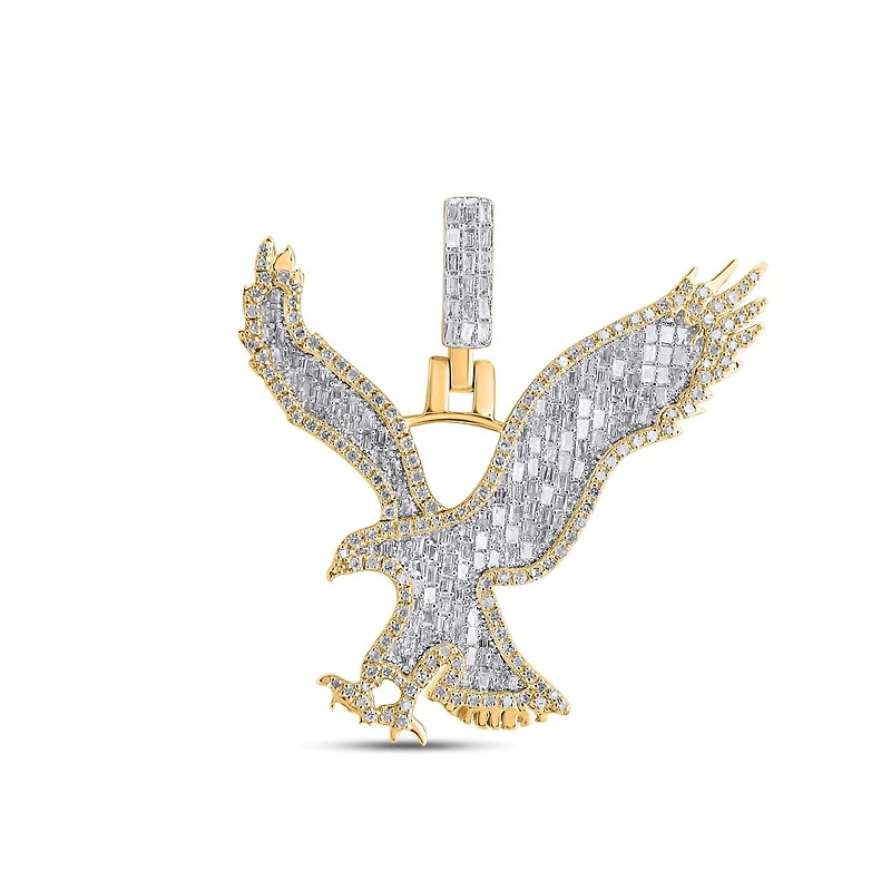 10K Yellow Gold Round Baguette Diamond Eagle Animal Pendant 1-1/5 Cttw