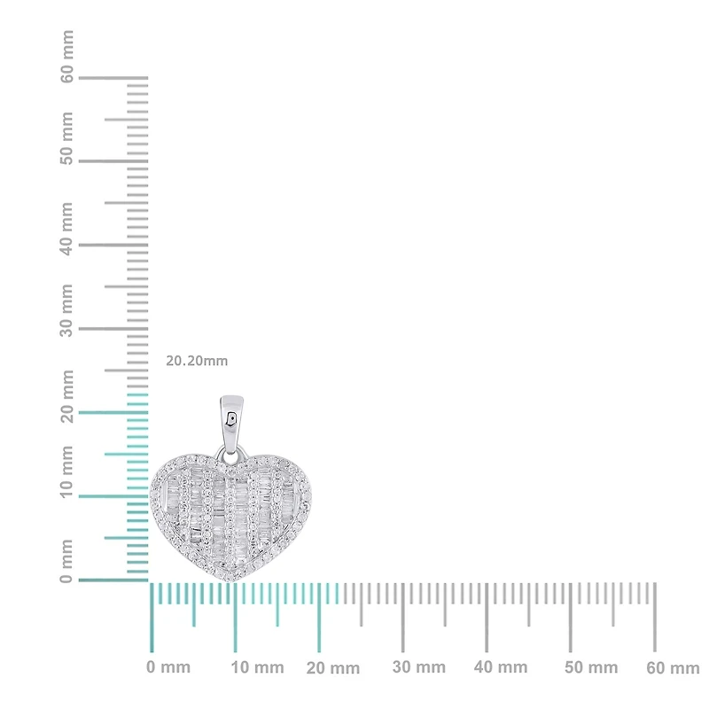 10K White Gold Round Baguette Diamond Heart Pendant 1/2 Cttw