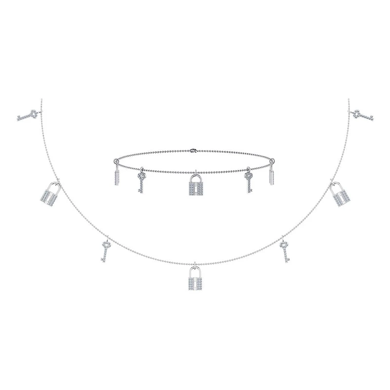 14K White Gold Lock & Key Link Necklace Bracelet Jewelry Set 1/2 Cttw