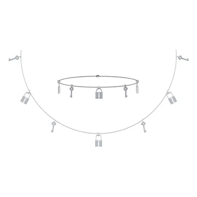 14K White Gold Lock & Key Link Necklace Bracelet Jewelry Set 1/2 Cttw