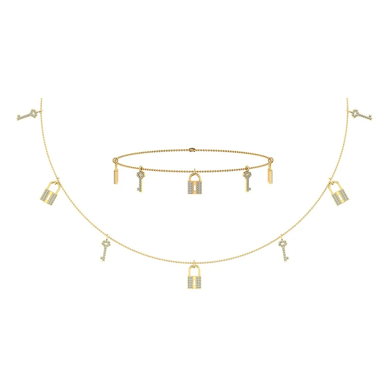 14K Yellow Gold Lock & Key Link Necklace Bracelet Jewelry Set 1/2 Cttw