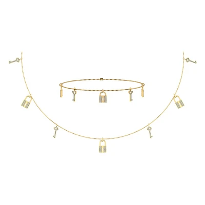 14K Yellow Gold Lock & Key Link Necklace Bracelet Jewelry Set 1/2 Cttw