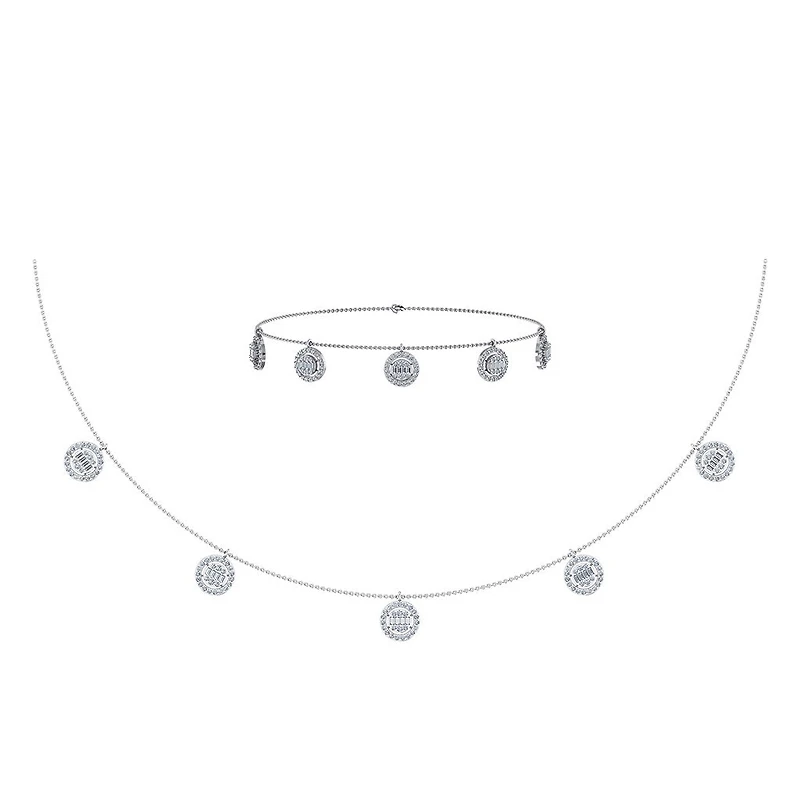 14K White Gold Baguette Round Necklace Bracelet Set 1 Cttw