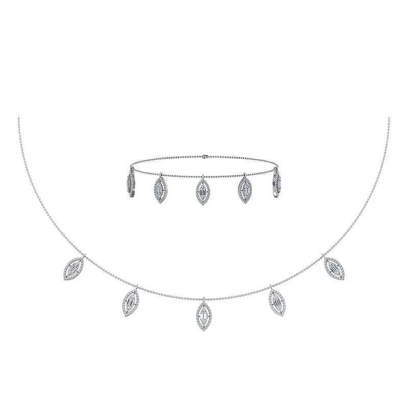 14K White Gold Marquise Shape Necklace Bracelet Set 1 Cttw