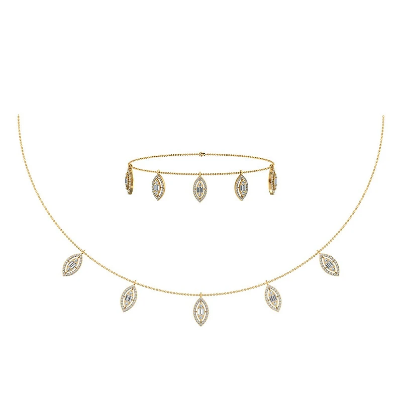 14K Yellow Gold Marquise Shape Necklace Bracelet Set 1 Cttw