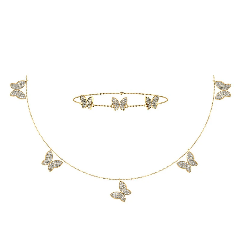 14K Yellow Gold Butterfly Necklace Bracelet Set 1-7/8 Cttw