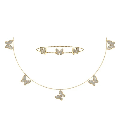 14K Yellow Gold Butterfly Necklace Bracelet Set 1-7/8 Cttw