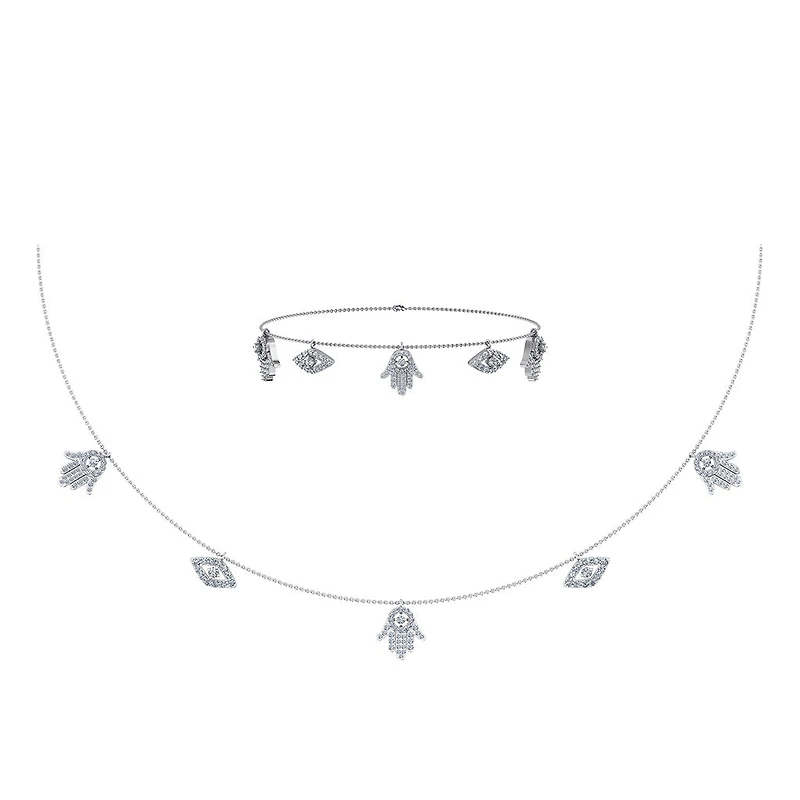 14K White Gold Hamsa Hand Evil Eye Necklace Bracelet Set 1-1/4 Cttw